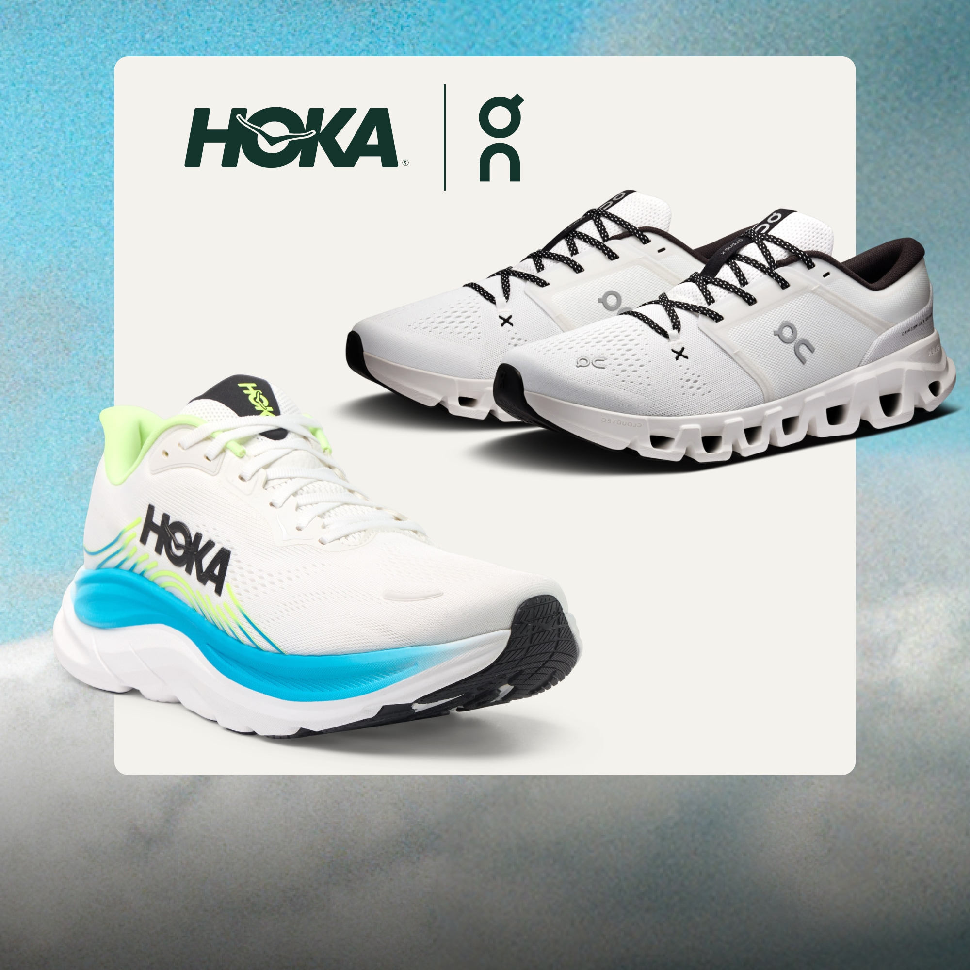 HOKA and On running shoes on a light colored background over an image of blue skies and clouds.