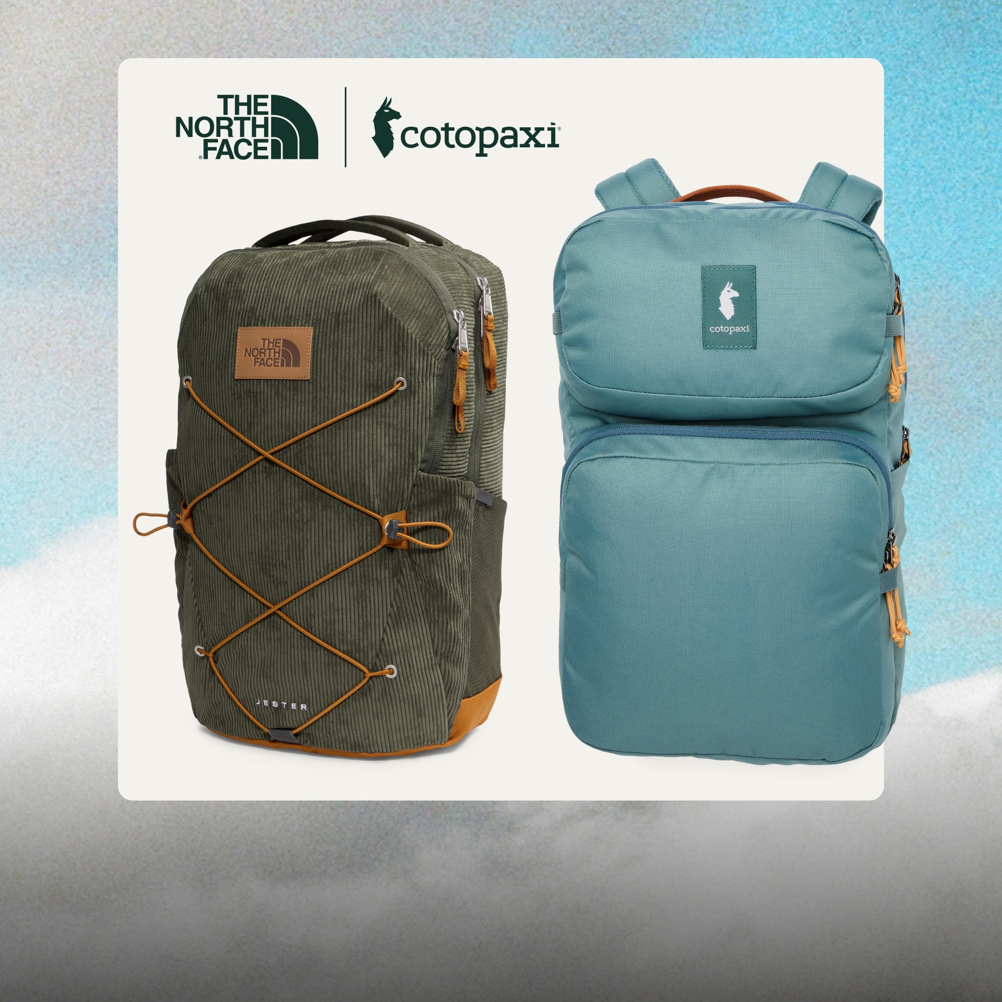 Backpacks from The North Face and Cotopaxi on a light colored background over an image of a large rock.
