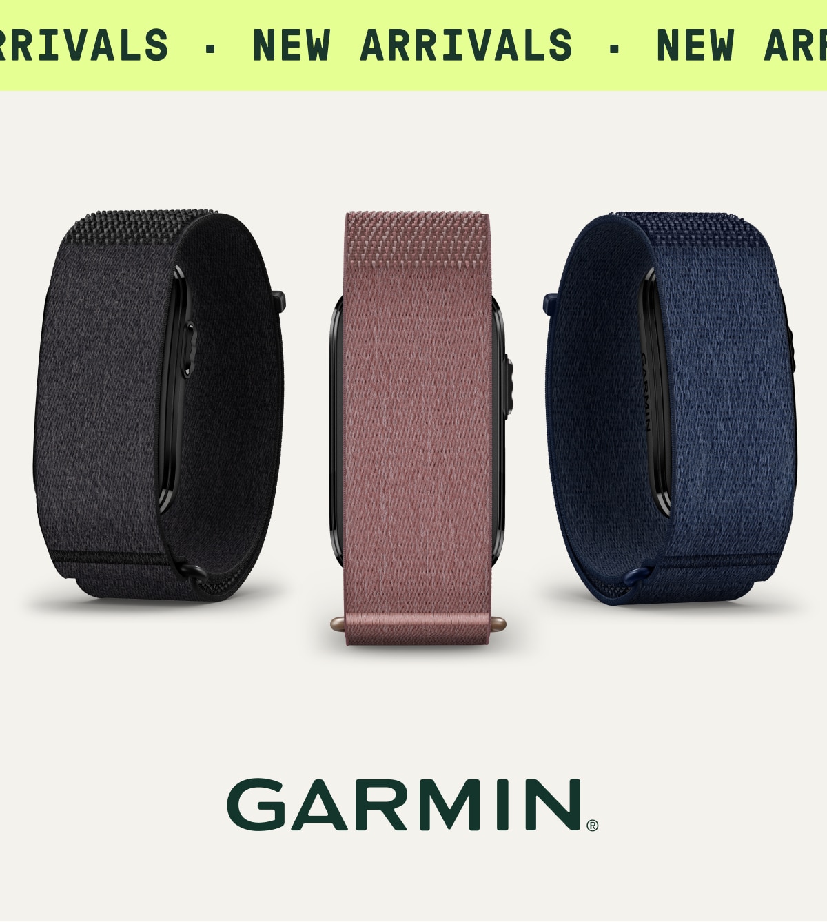 Three Garmin smart bands on a light colored background. Ticker tape reads: ‘New arrivals.’