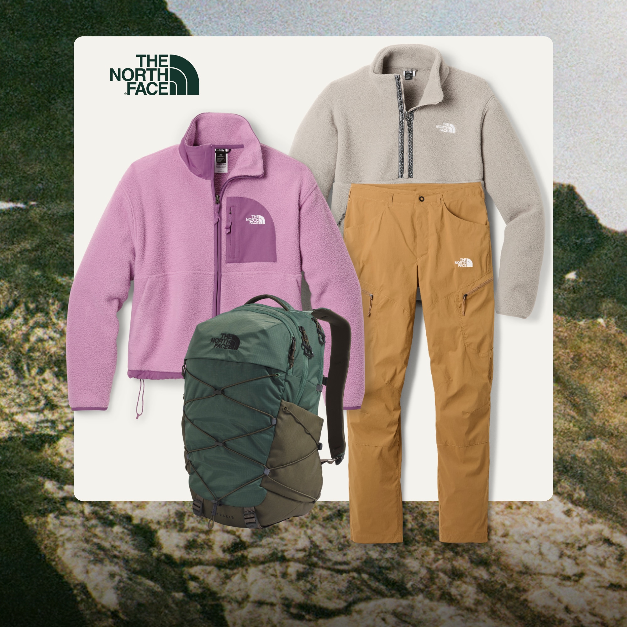 A collage of clothing and a backpack from The North Face on a light colored background over an image of a large rock.