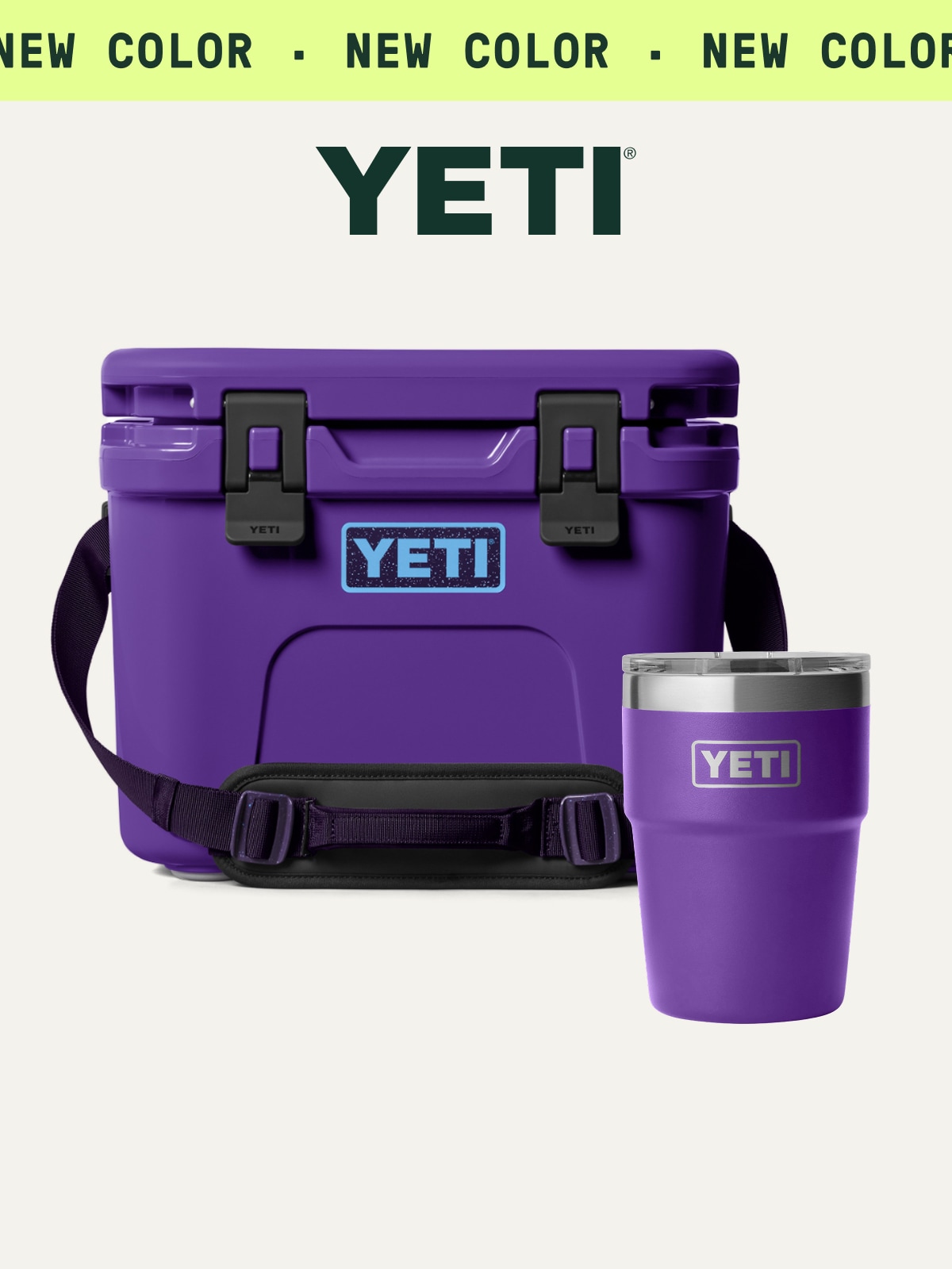A YETI cooler and tumbler on a light colored background. Ticker tape text reads: ‘new color.’