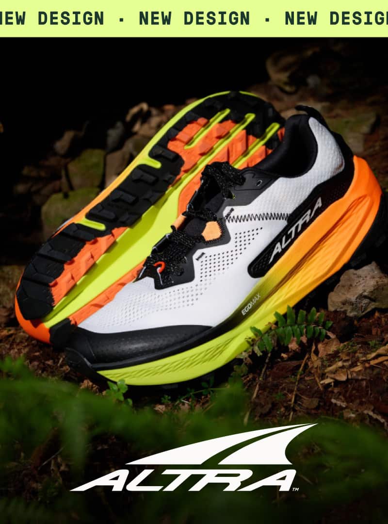 A pair of Altra Olympus 7 trail-running shoes. Ticker tape text reads: ‘New design.’