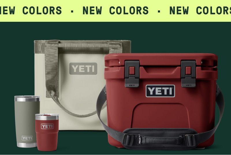YETI coolers and tumblers on a green background. Ticker tape text reads: ‘New colors.’