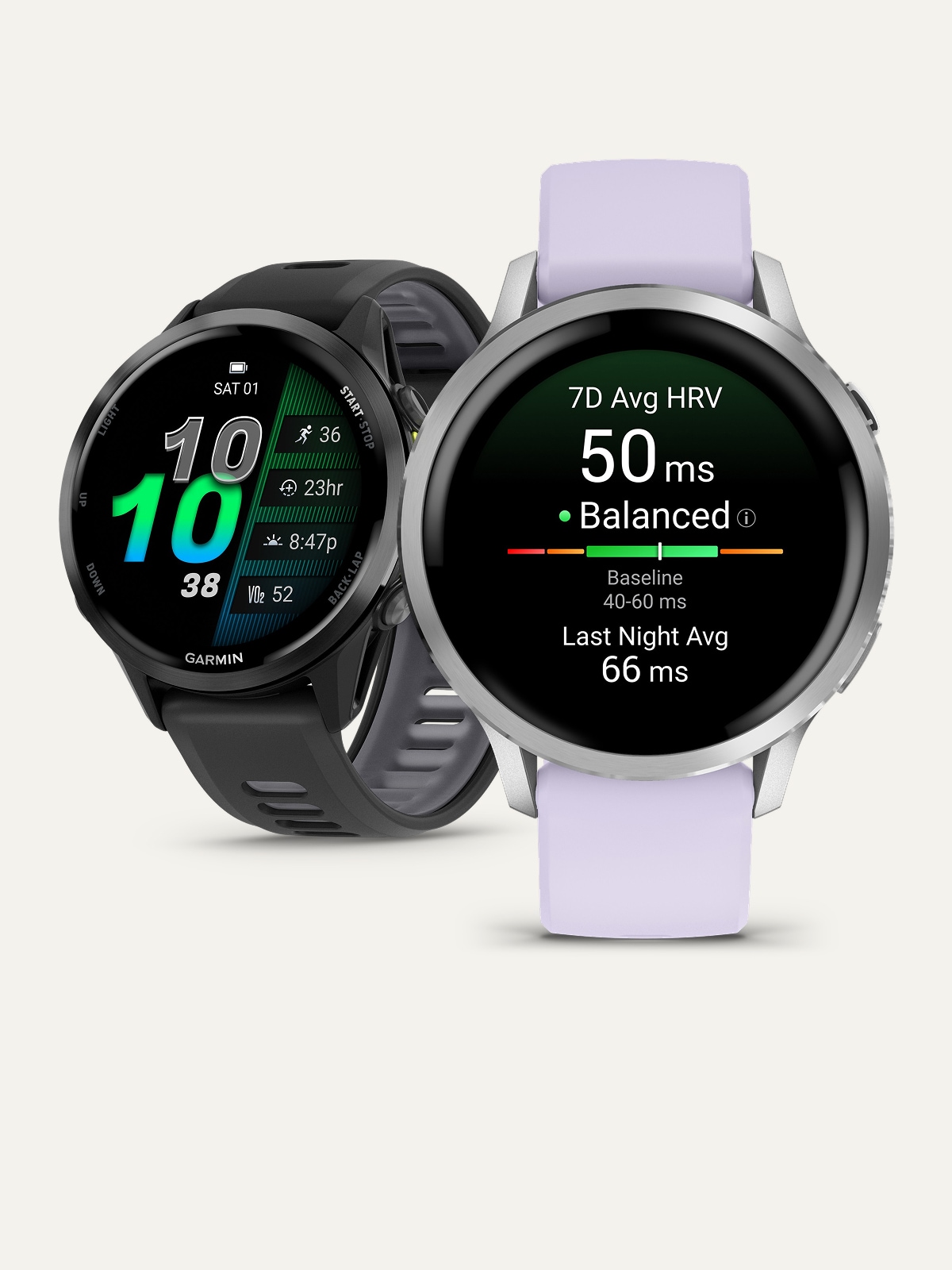 Two Garmin smartwatches on a light colored background.