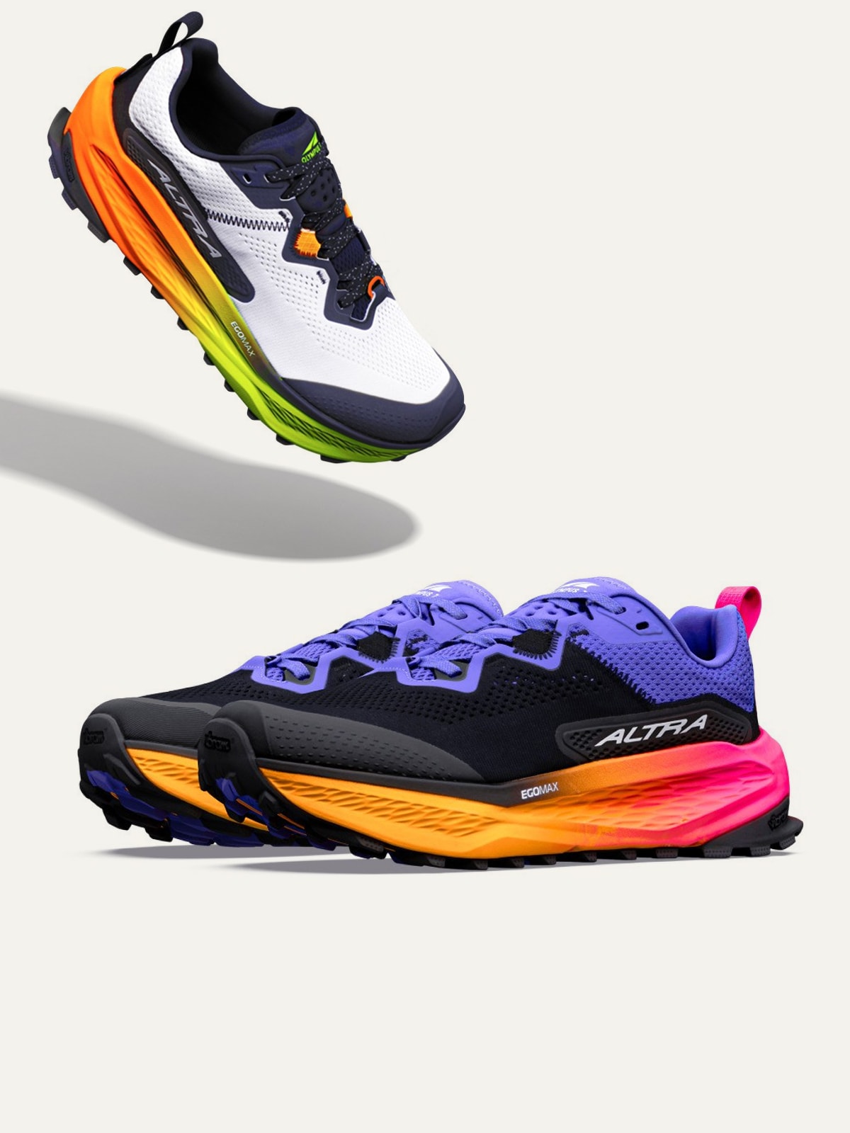 Altra trail-running shoes on a light colored background.