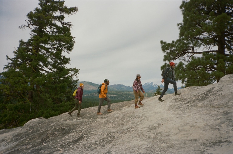 Four people hike up a hill between pine trees