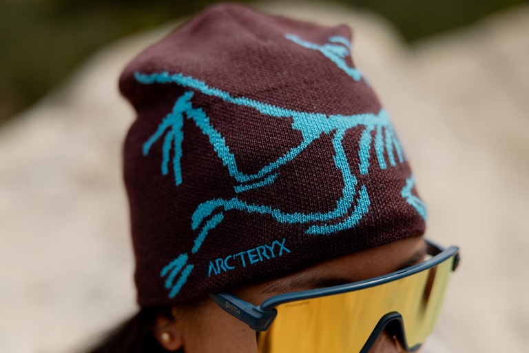 A person wears the Arc'teryx bird head toque