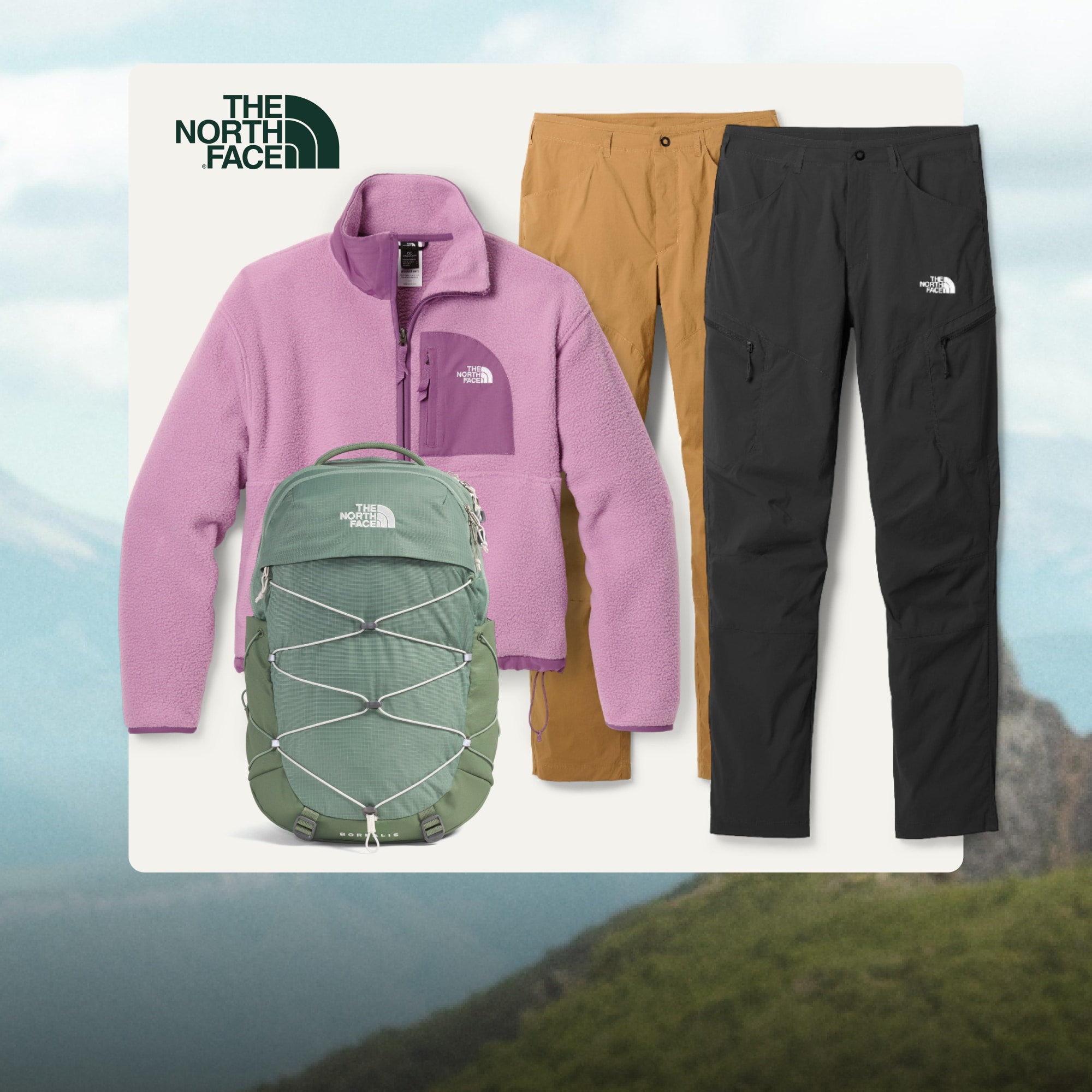 The North Face. A collage of clothing and a backpack from The North Face on a light colored background over an image of snow-capped mountains.