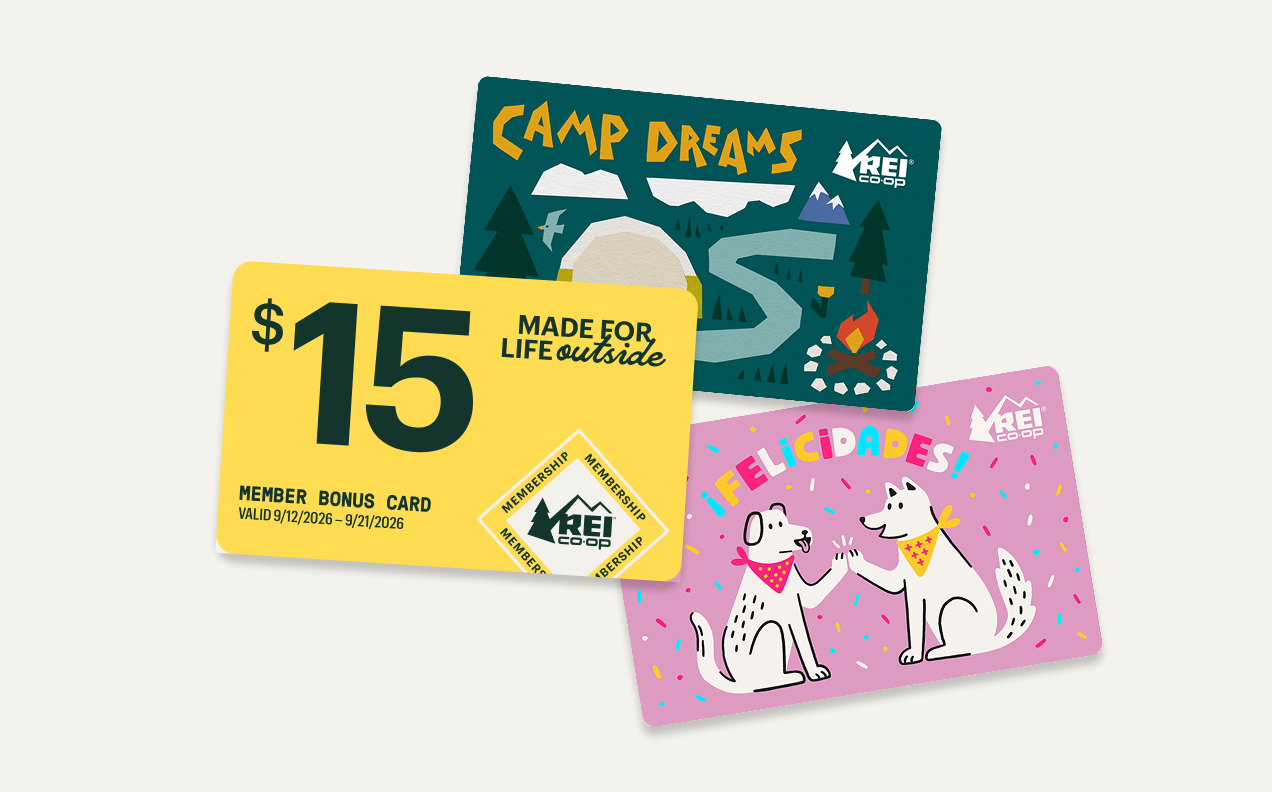Two colorful gift cards and a yellow Member Bonus Card on a light colored background.
