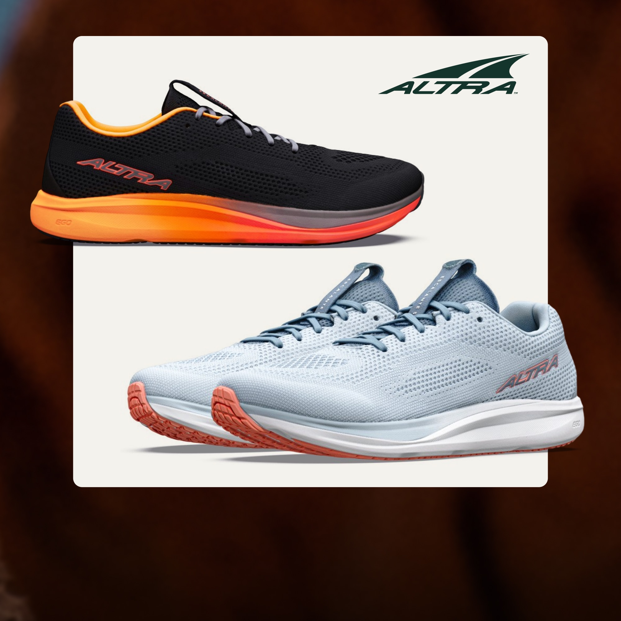Altra Escalante 5 running shoes on a light colored background over a blurred image.