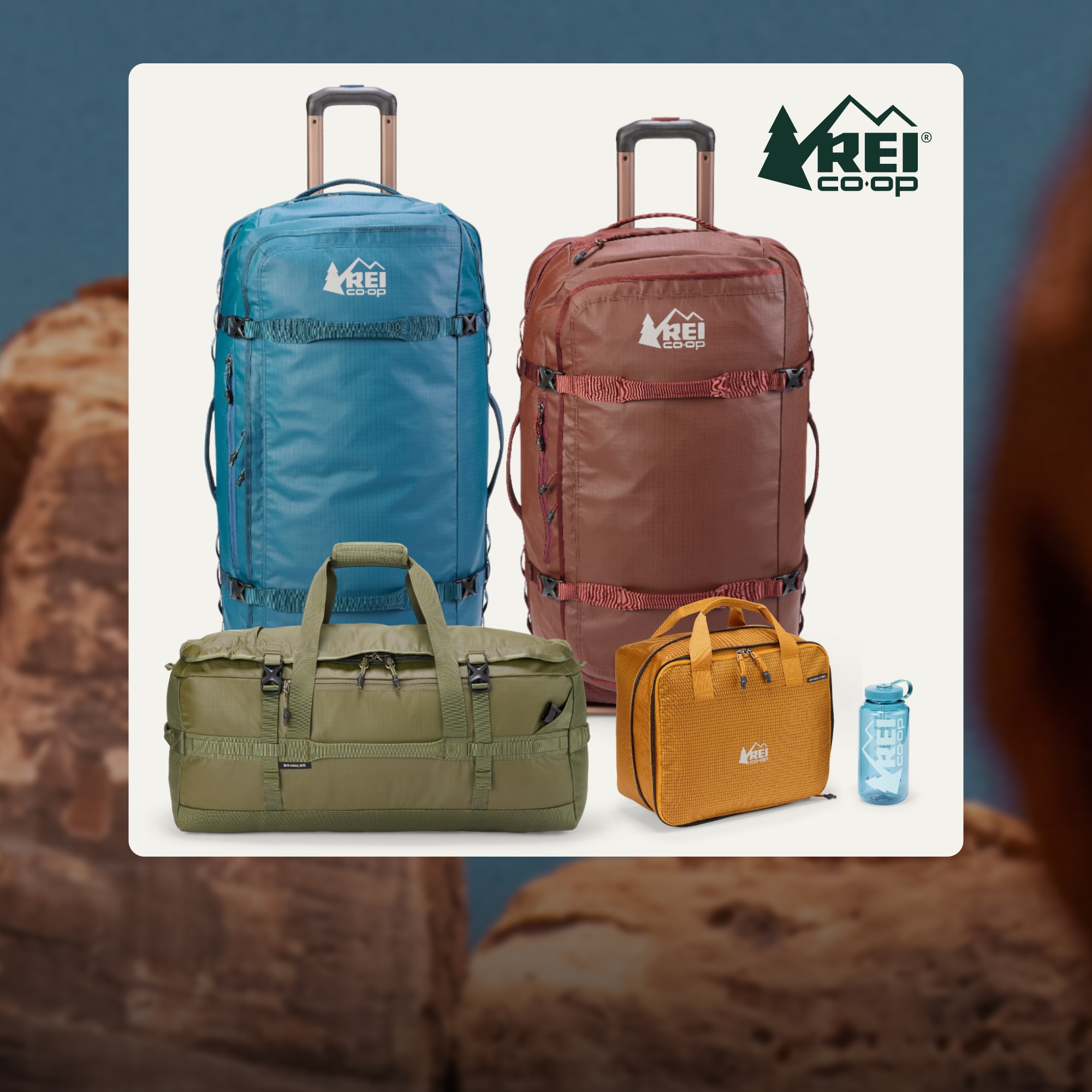 A collage of REI Co-op Big Haul bags and a Nalgene water bottle on a light colored background over an image of large rock formations.
