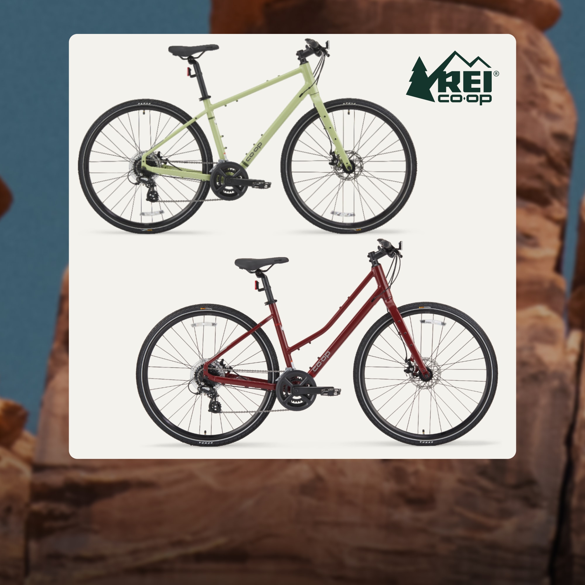 Two Co-op Cycles bikes on a light colored background over an image of a large rock formation.