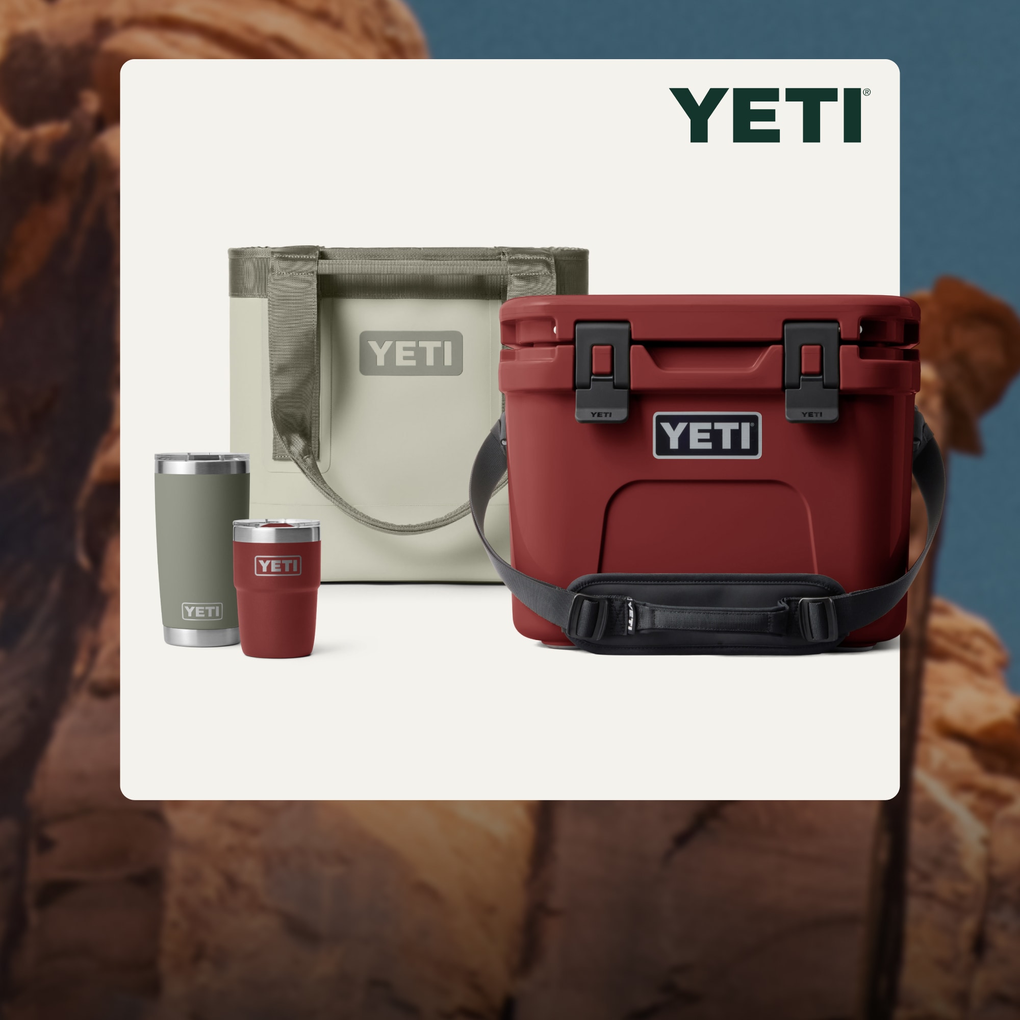 YETI hard coolers and drinkware on a light colored background over an image of a large rock formation.