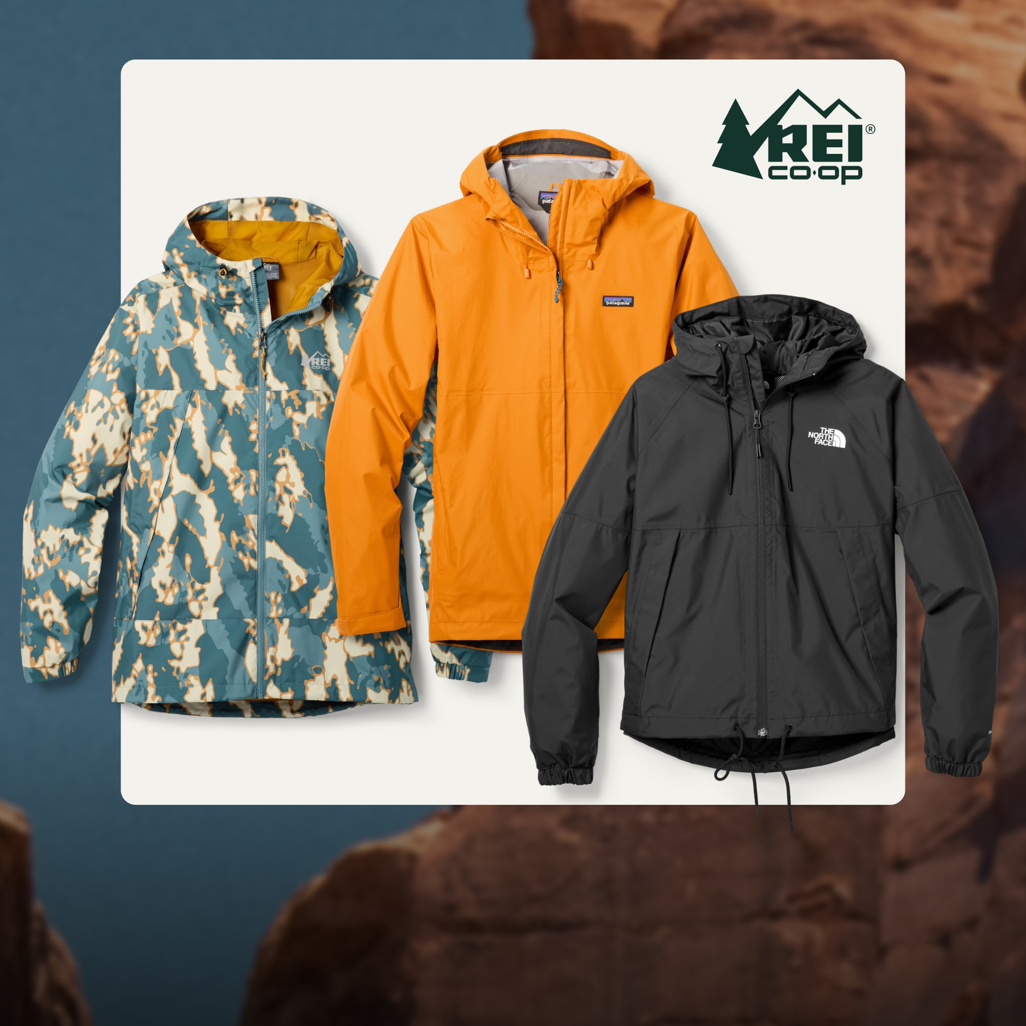 A collage of jackets on a light colored background over an image of a large rock formation.