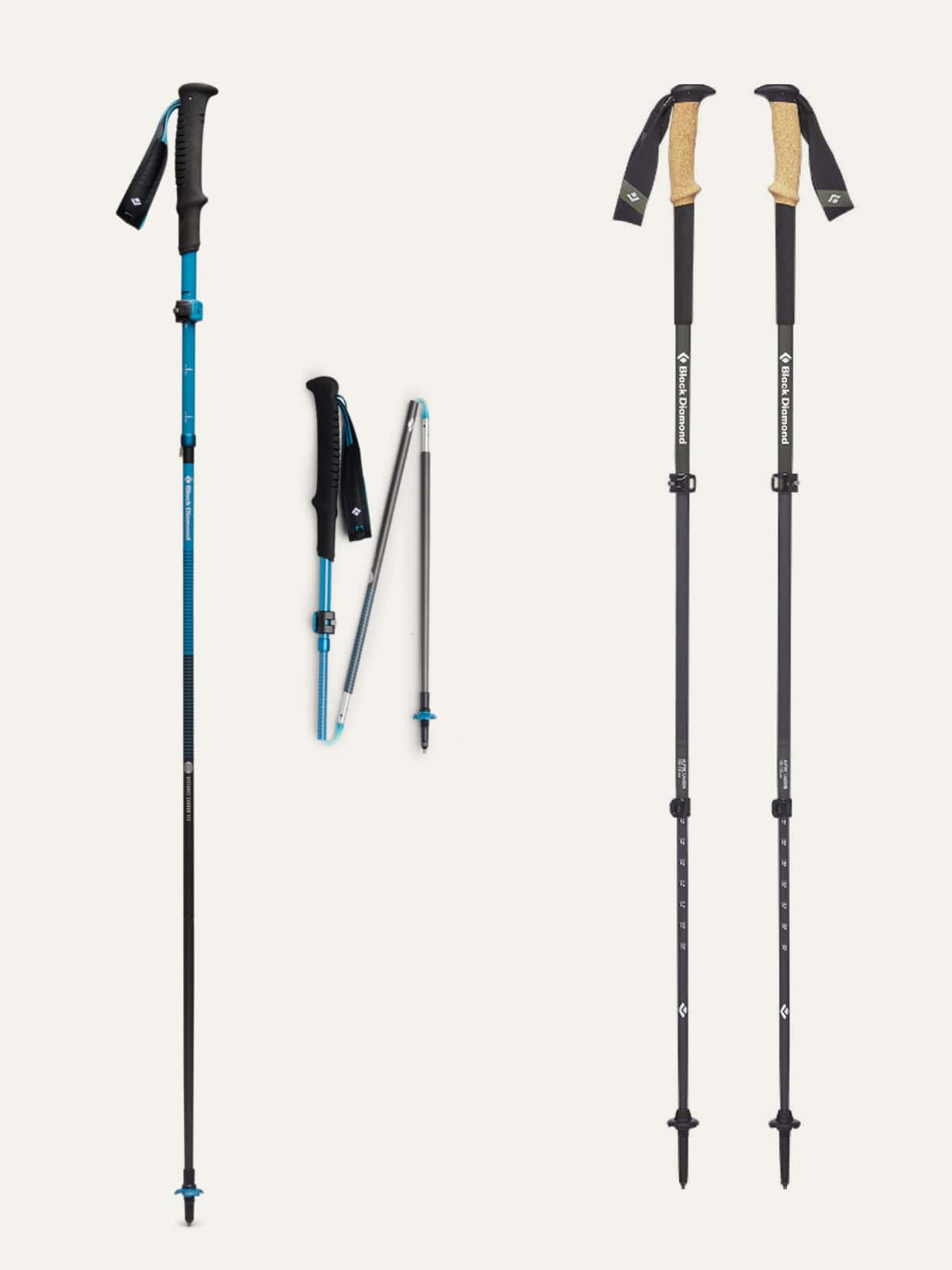 Trekking poles on a light colored background.