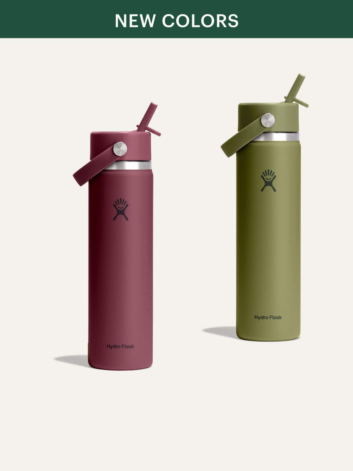 Two Hydro Flask water bottles on a light colored background. Ticker tape reads: ‘New colors.’