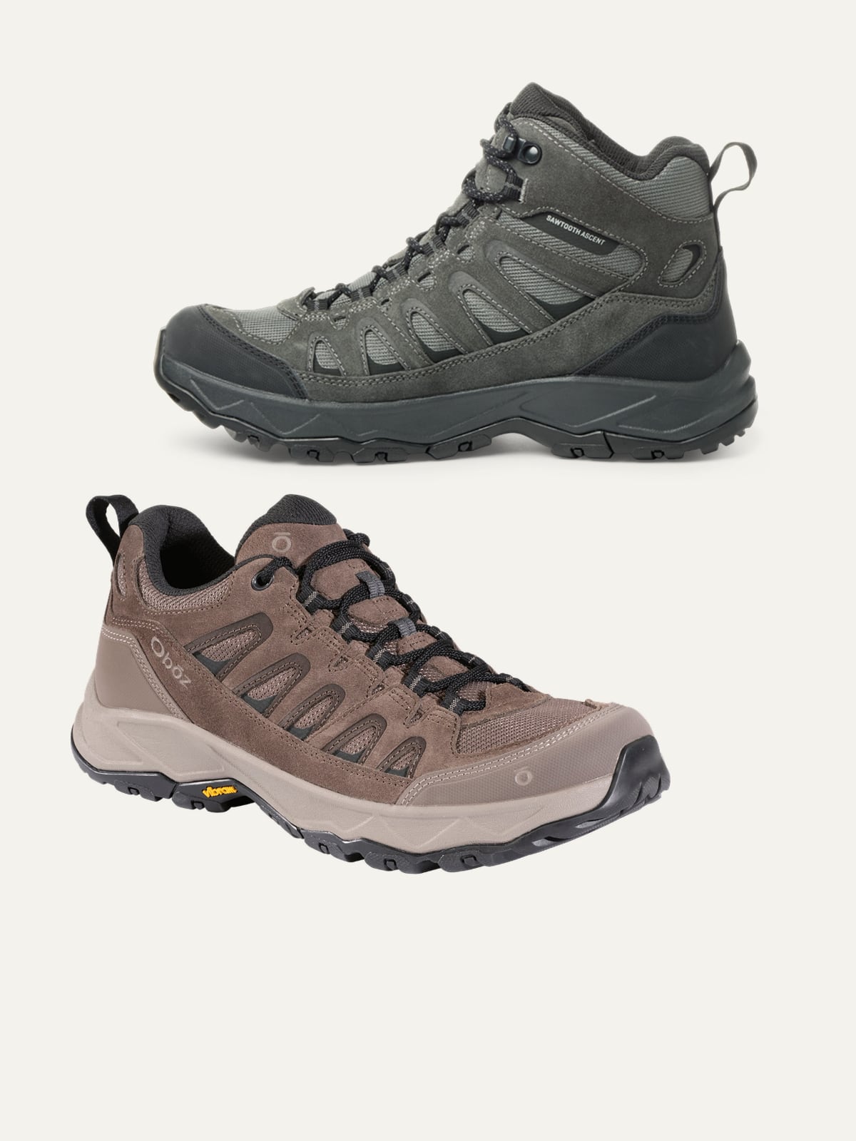 Oboz hiking shoes on a light colored background.