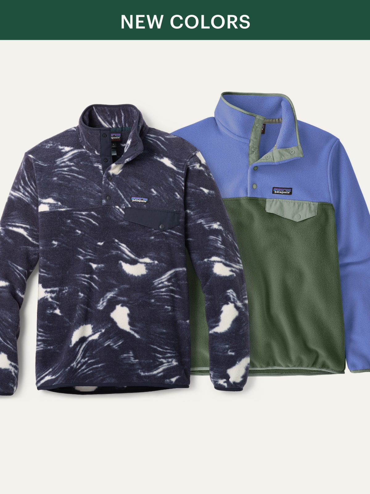 Two Patagonia fleece pullovers on a light colored background. 