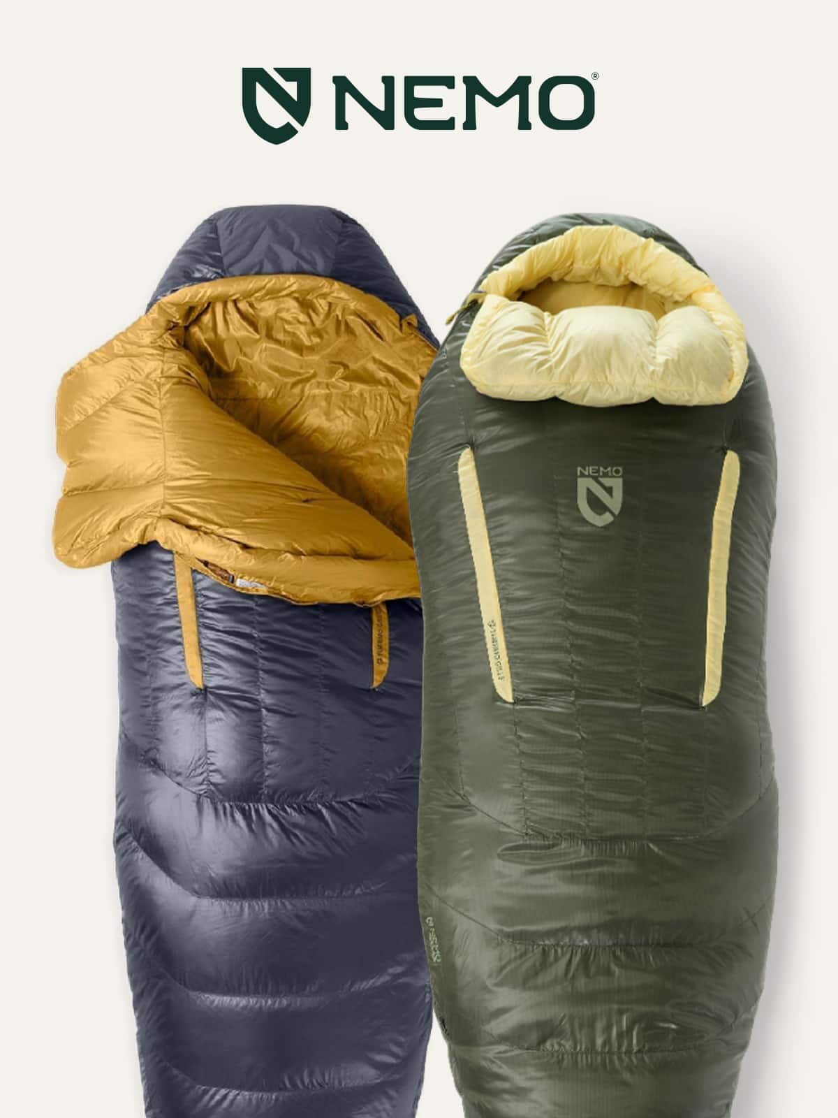 Two NEMO sleeping bags on a light colored background.