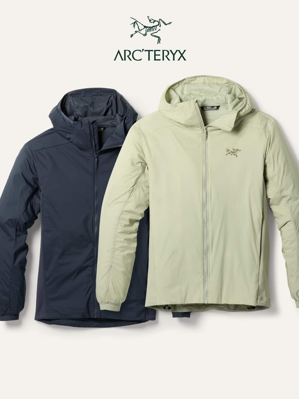Two Arc’teryx jackets on a light colored background.