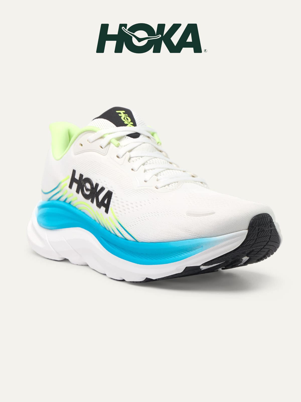 A HOKA running shoe on a light colored background.