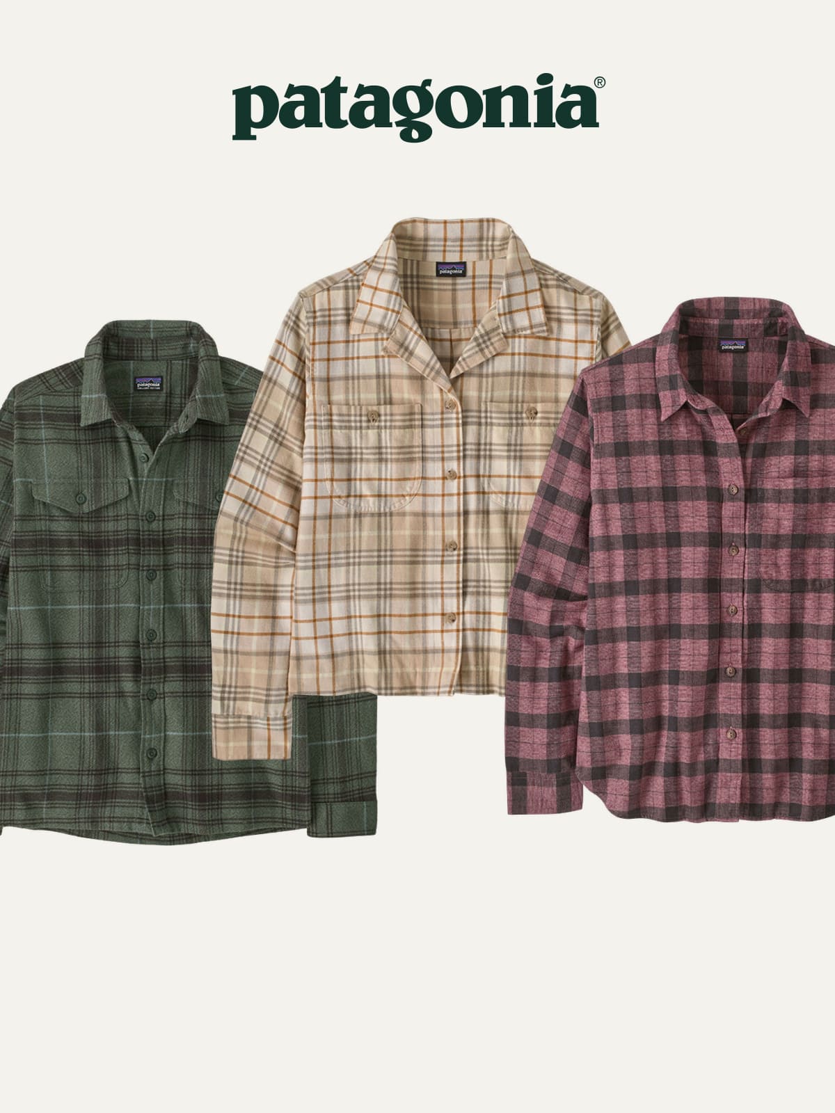 Three flannel shirts from Patagonia on a light colored background.