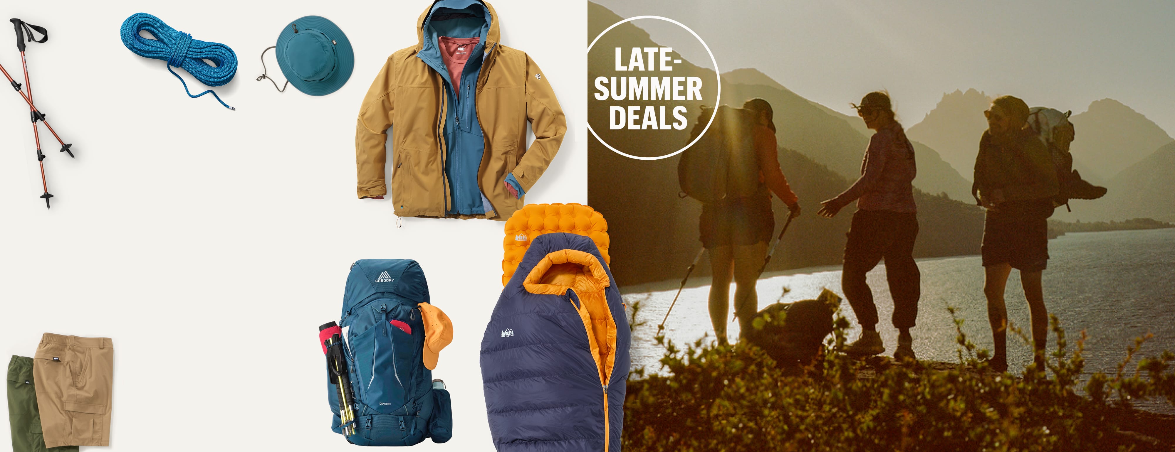 Text reads: ‘Labor Day Sale’ on a light colored background with a collage of clothing and gear. To the right is a photo of three backpackers near a body of water.
