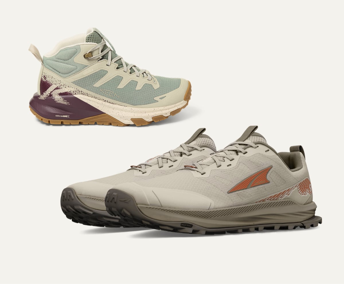 Footwear from KEEN & Altra on a light colored background.