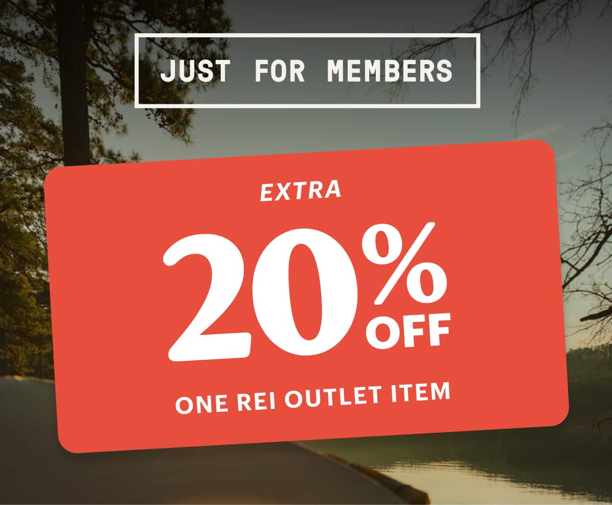 Text reads: ‘Just for members’ above a red coupon for an extra 20% off one R E I Outlet item.