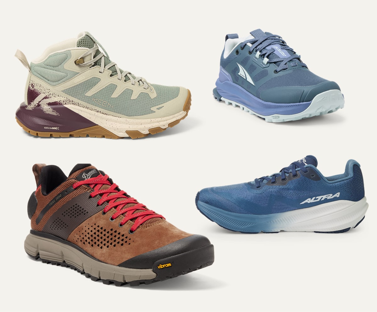 Shoes from Danner, Altra, & KEEN on a light colored background.