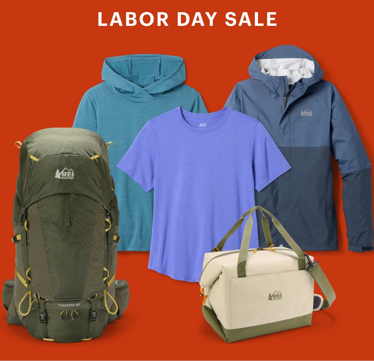 Text reads: ‘Labor Day Sale’ over a collage of R E I Co-op brand clothing and gear on a red background.