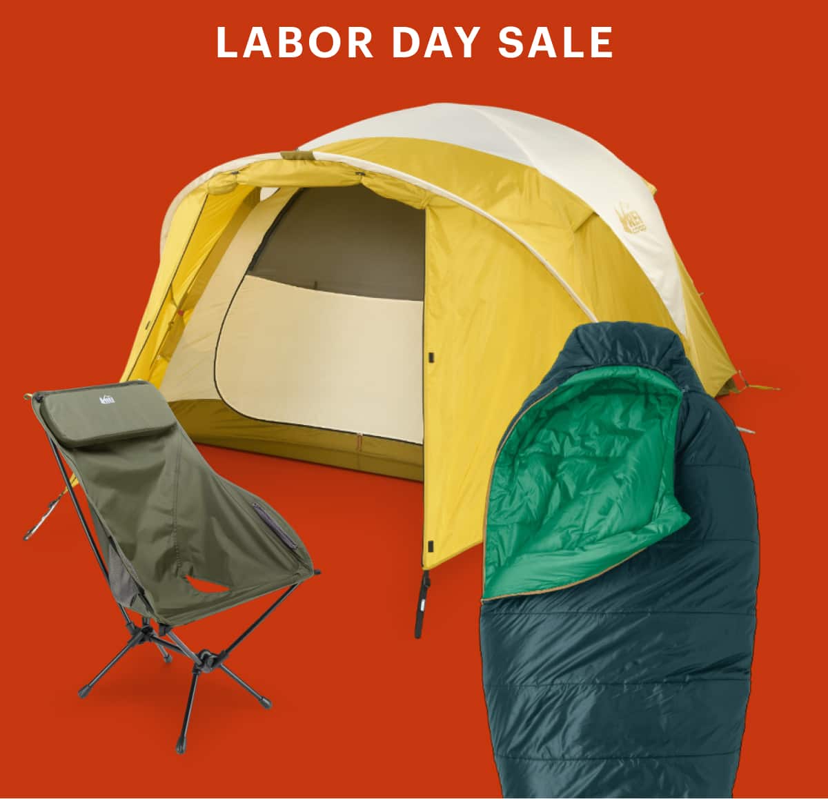 Text reads: ‘Labor Day Sale’ over a collage of camping gear on a red background.