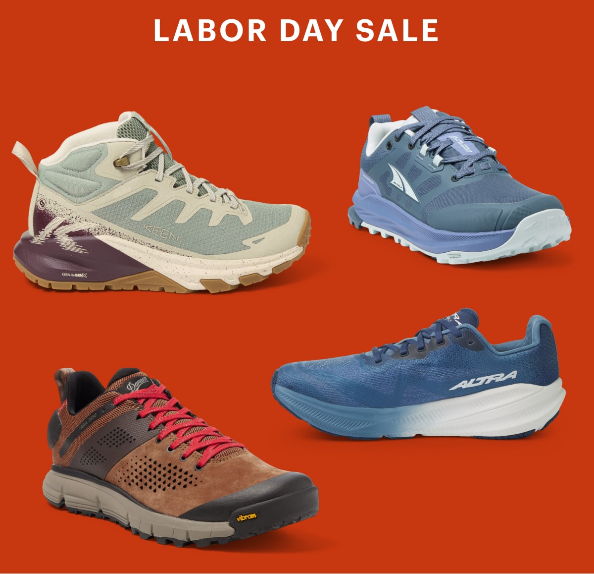 Text reads: ‘Labor Day Sale’ over a collage of shoes from Danner, Altra, & KEEN on a red background.