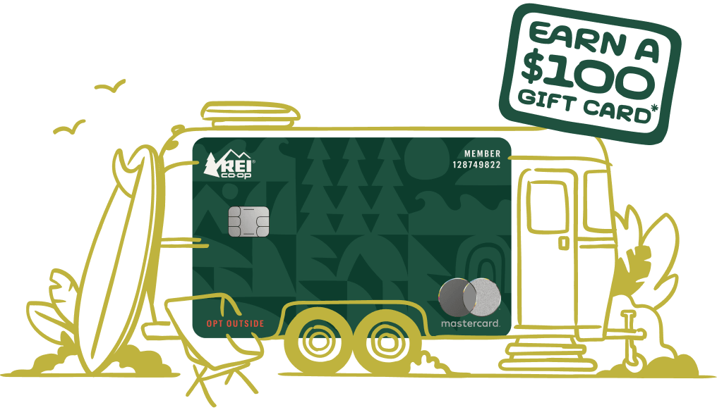 A graphic of a camping trailer, with the Capital One card as the body of the trailer. A graphic above the camping trailer reads: Earn a $100 gift card.