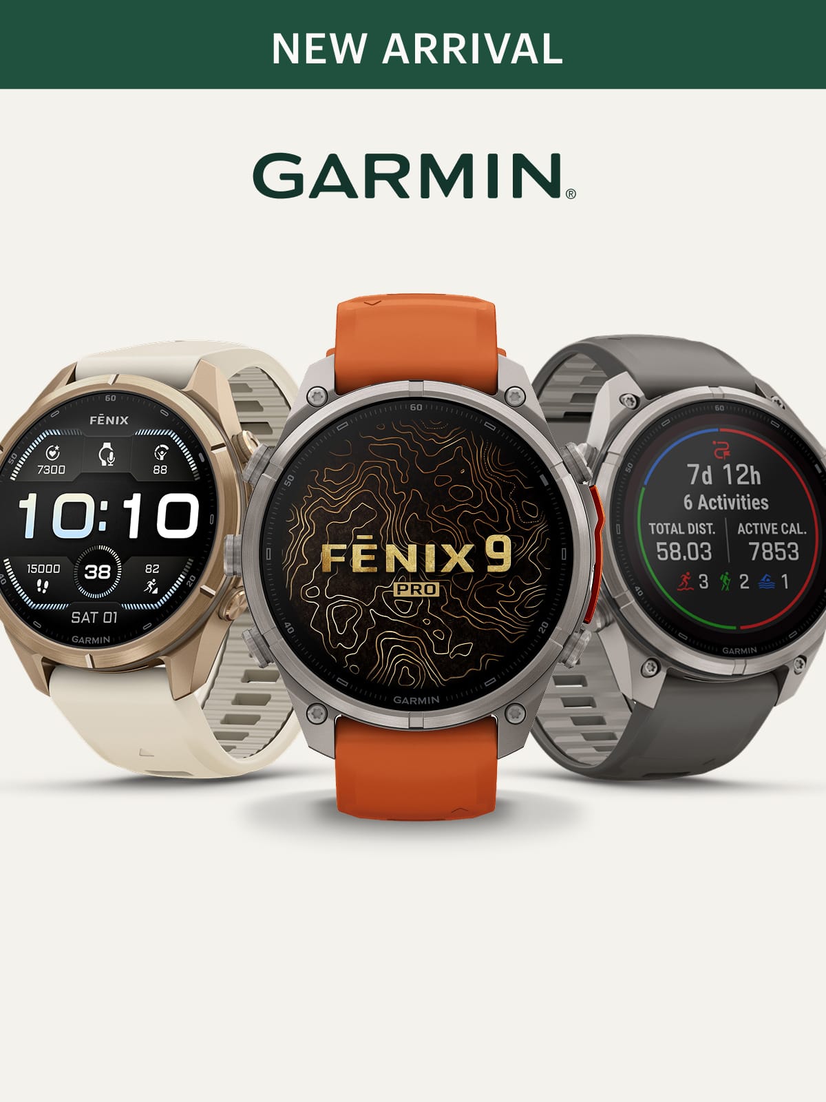 Three Garmin smartwatches on a light colored background.