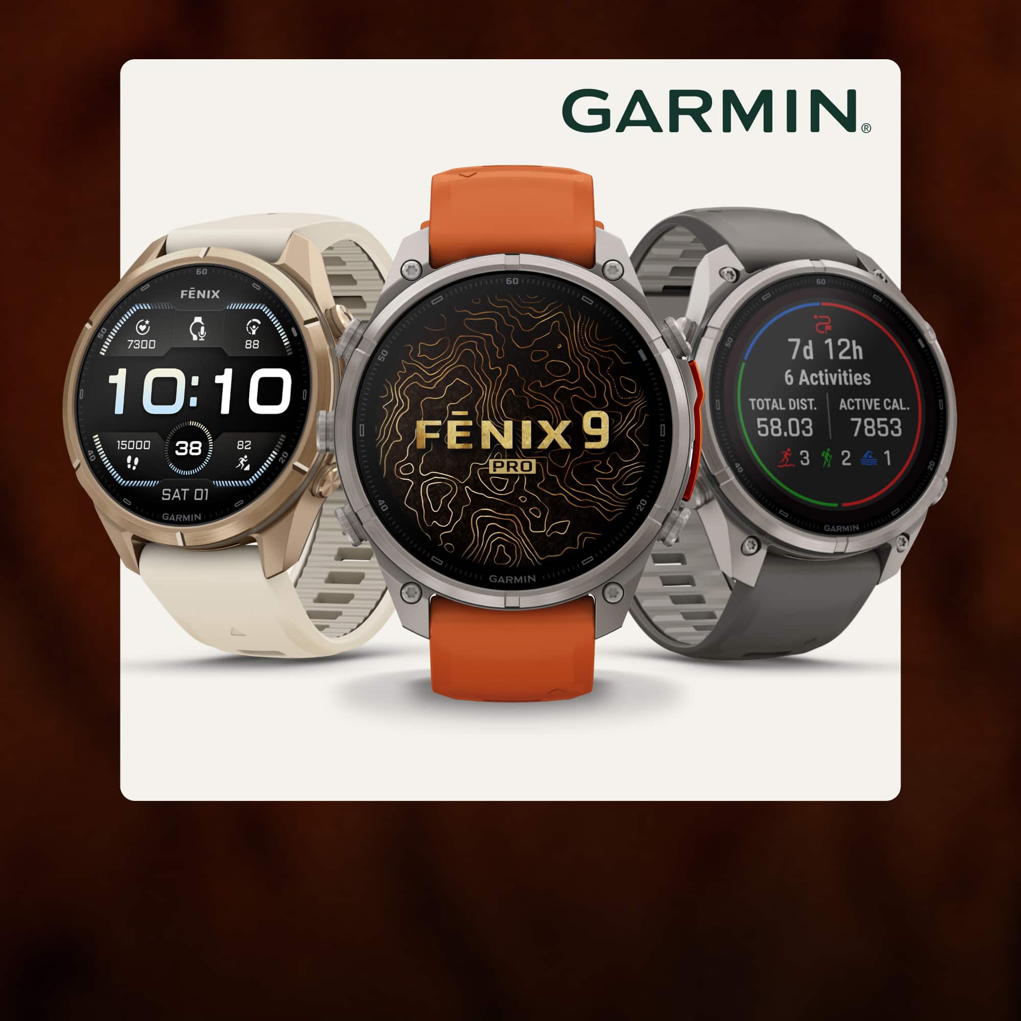 Three Garmin smartwatches on a light colored background over a blurred image.