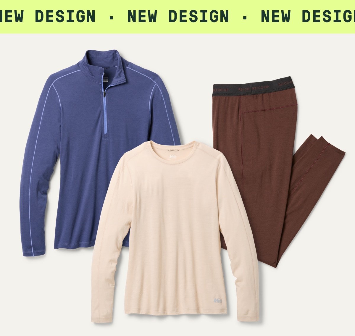 A collage of REI Co-op brand merino wool clothing on a light colored background. Ticker tape reads: ‘New design.’
