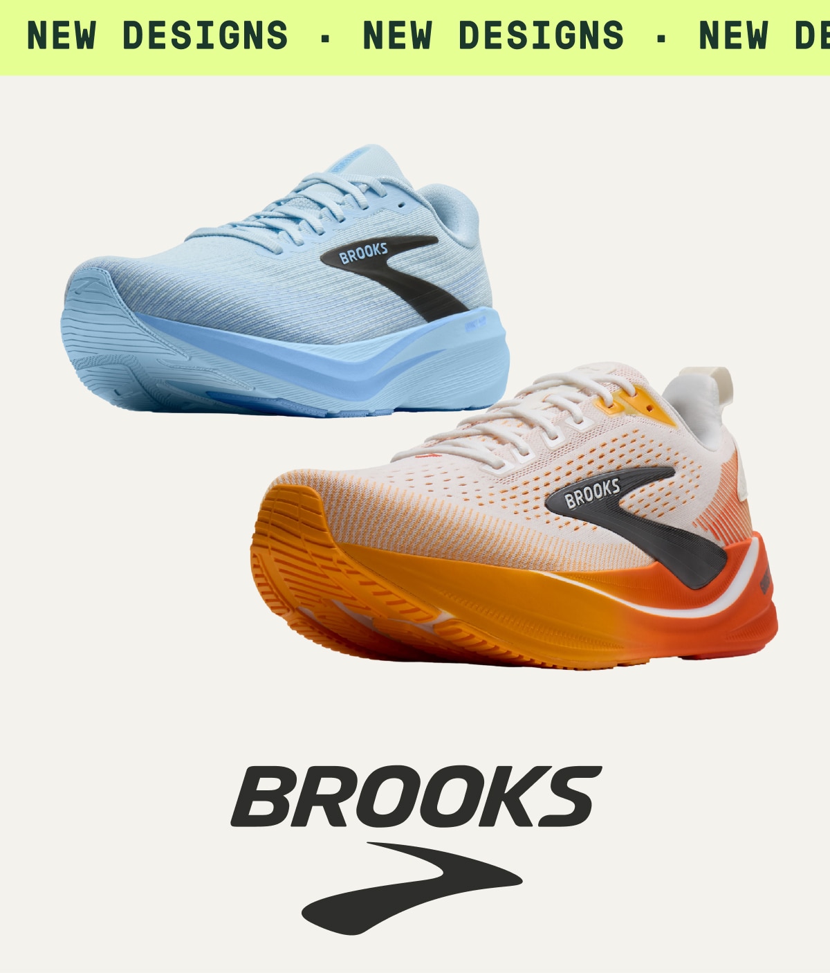 The Brooks Ghost Amp 4 & Ghost Max 4 running shoes on a light colored background. Ticker tape reads: ‘New designs.’