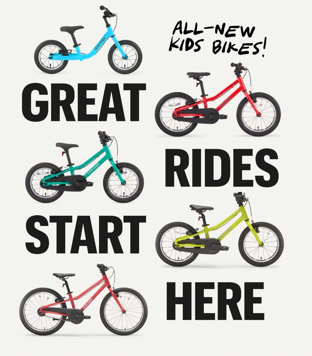 A collage of Co-op Cycles REV kids’ bikes with text that reads: ‘Great rides start here. All-new kids bikes!’ on a light colored background.