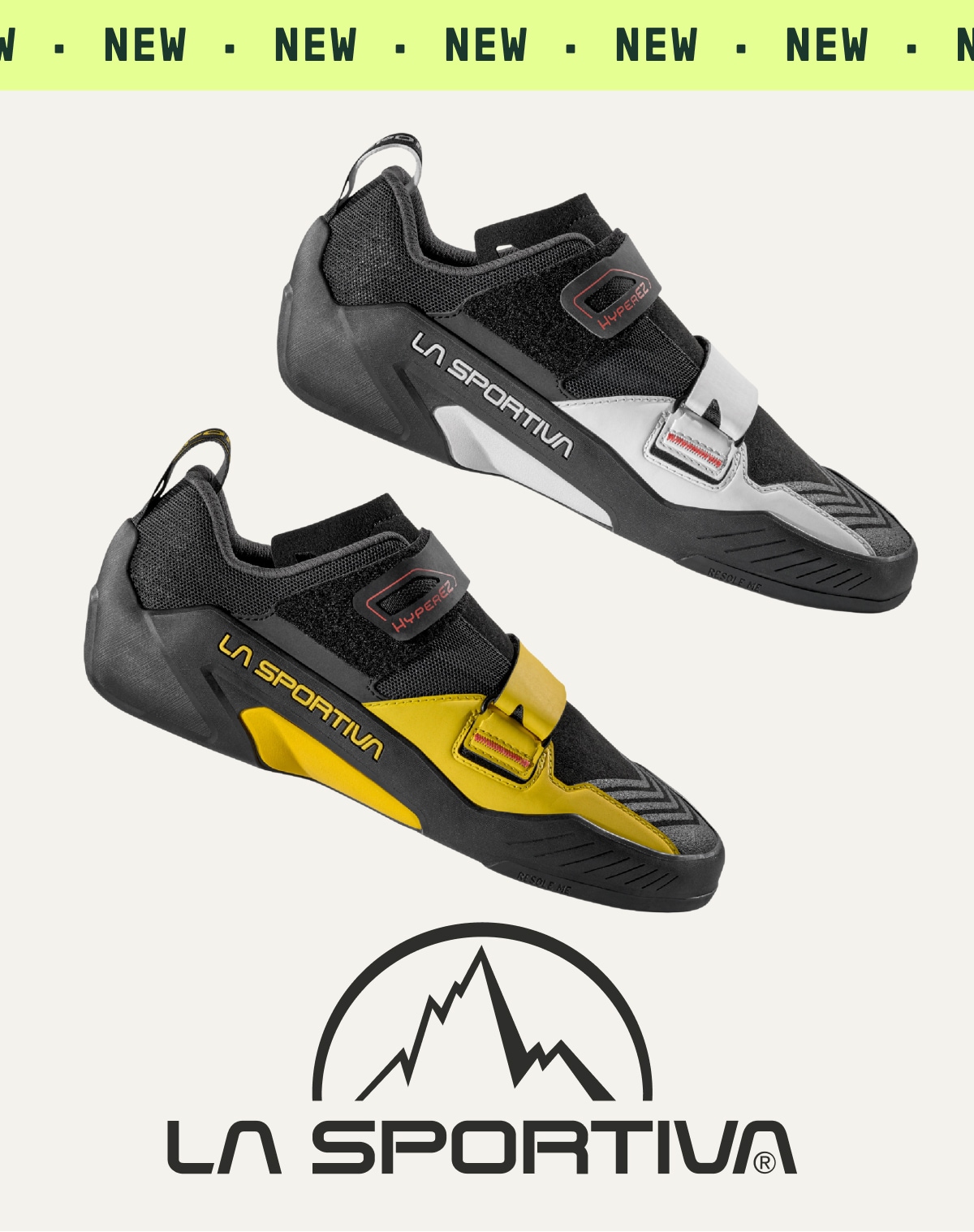 Two La Sportiva HyperEZ climbing shoes on a light colored background. Ticker tape reads: ‘New.’