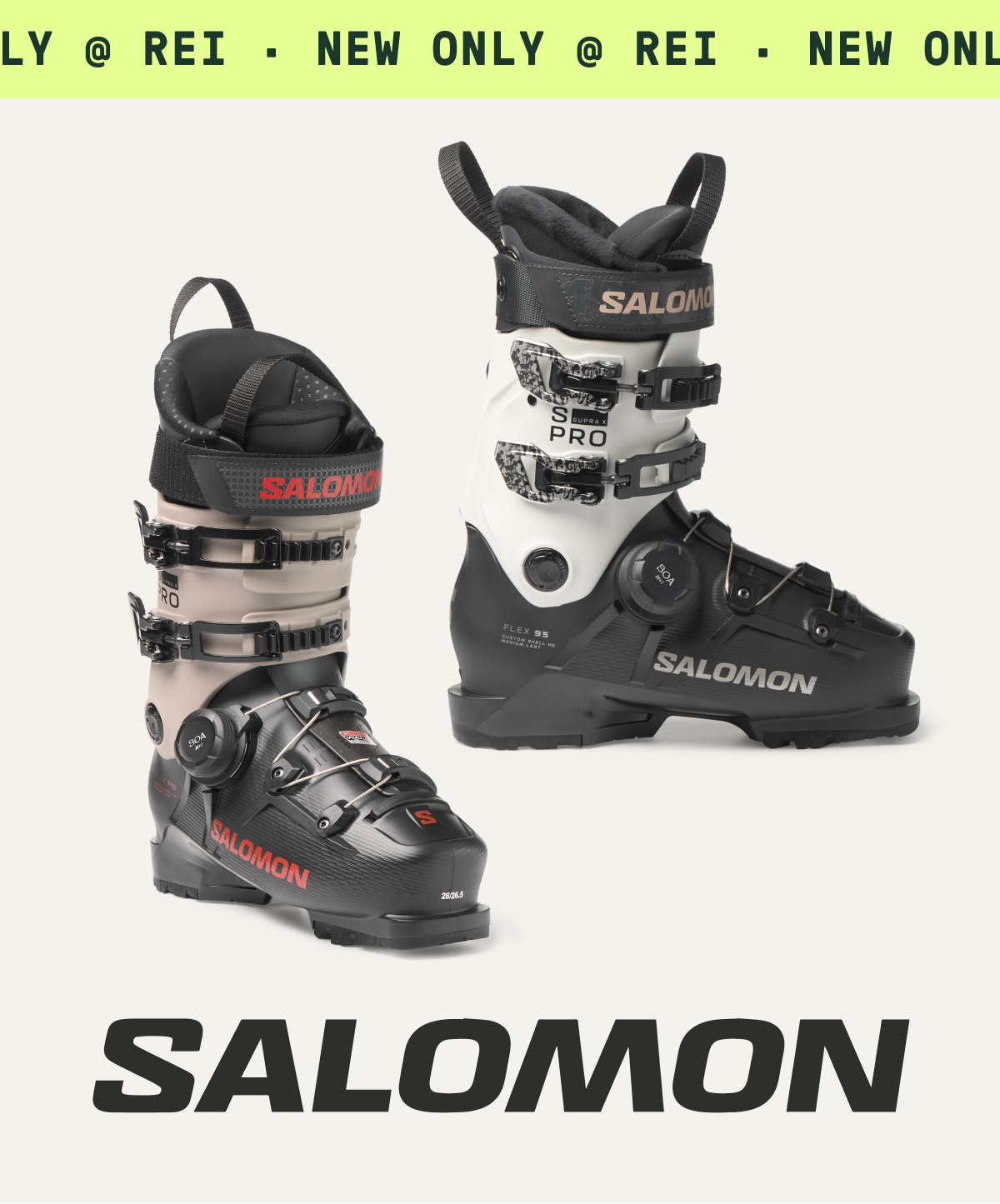 Salomon ski boots on a light colored background. Ticker tape reads: ‘New only at R E I.’