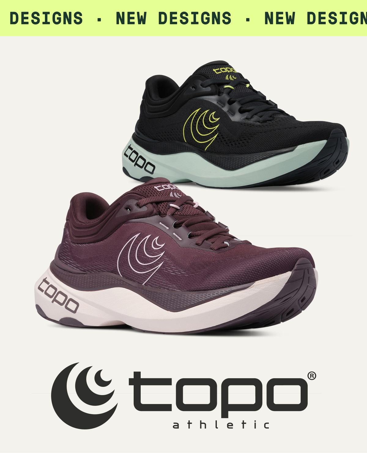 Two Topo Athletic Aura 2 running shoes on a light colored background. Ticker tape reads: 'New designs.'
