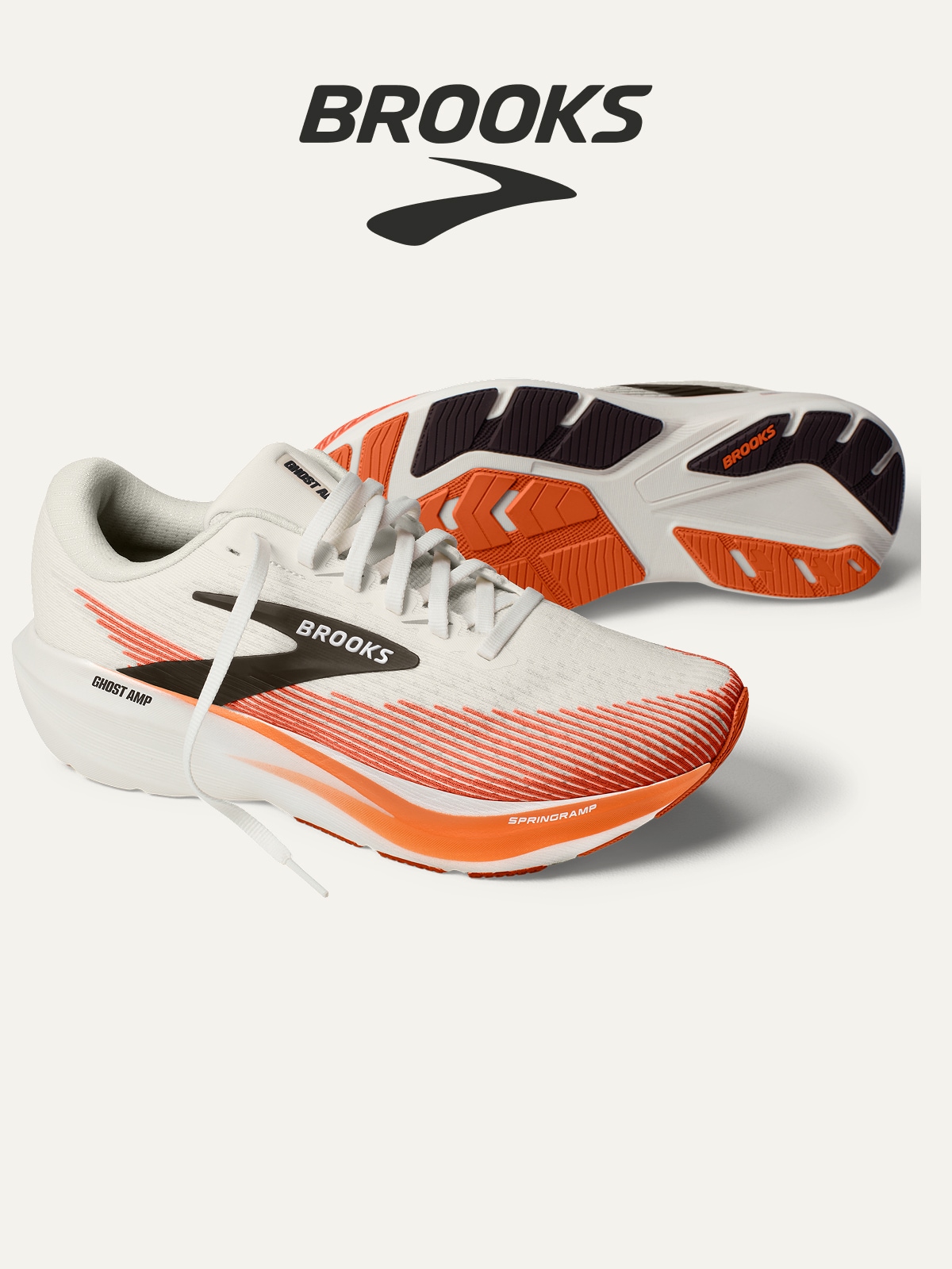 A pair of Brooks running shoes on a light colored background.
