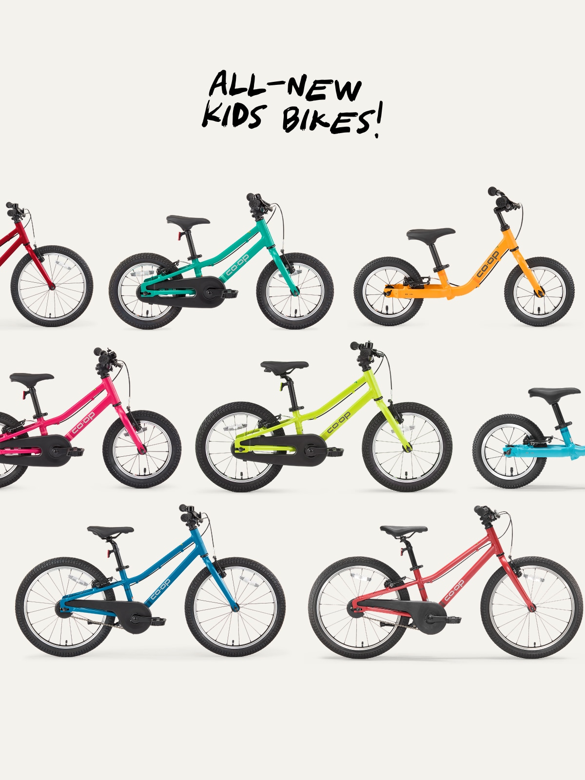 A collage of colorful Co-op Cycles kids bikes on a light colored background.