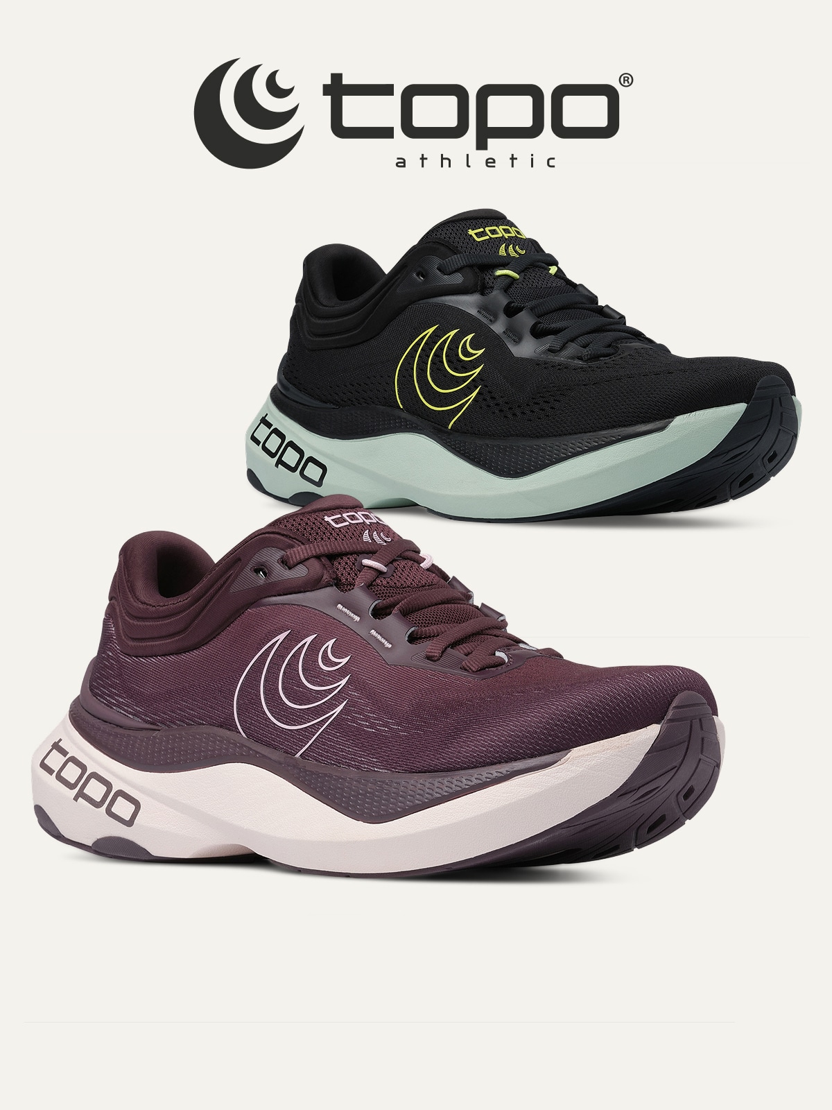 Topo Athletic running shoes on a light colored background.