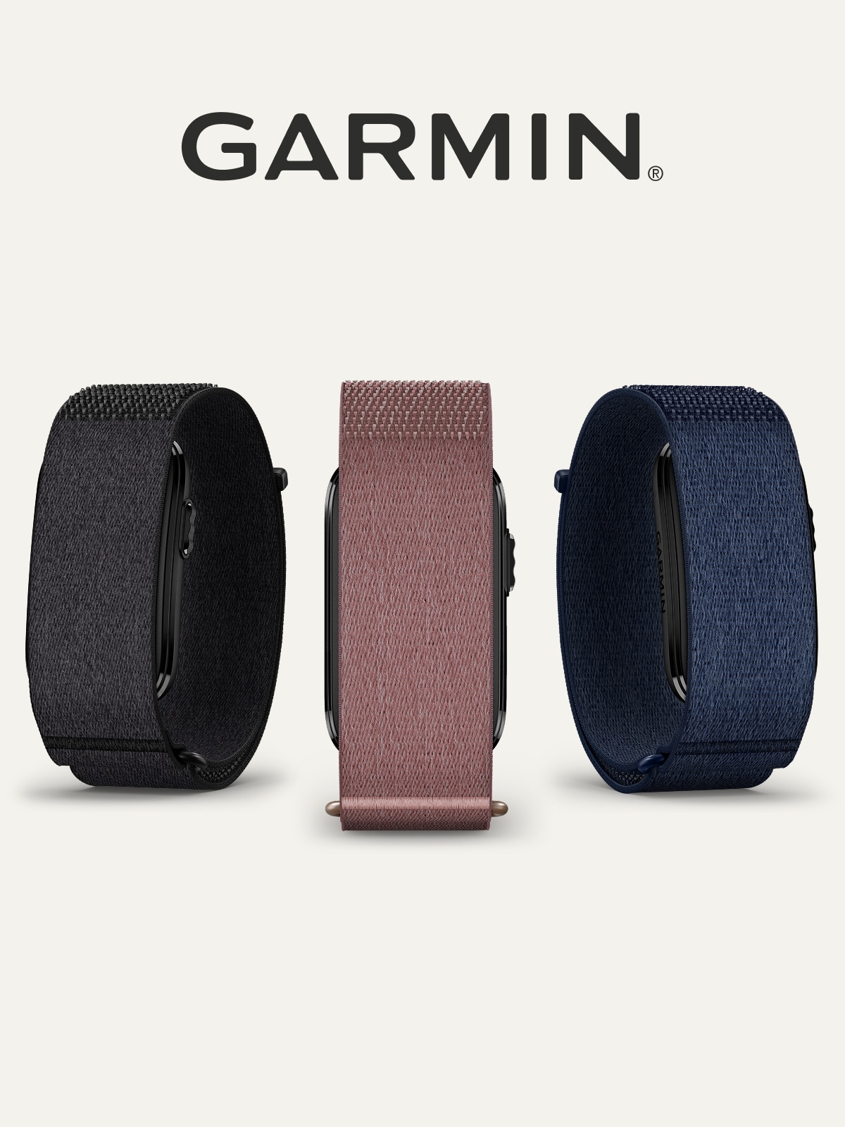 Three Garmin CIRQA Smart Bands on a light colored background.