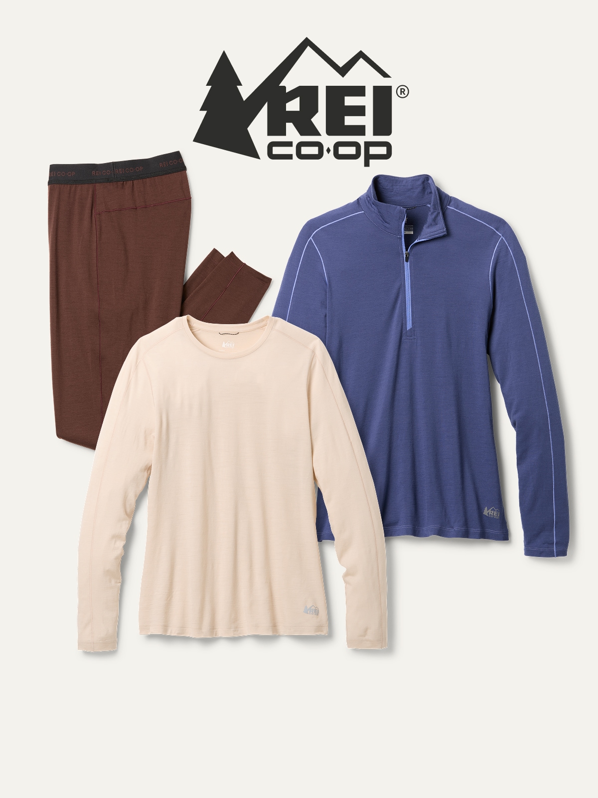 A collage of R E I Co-op brand merino wool base layers on a light colored background.