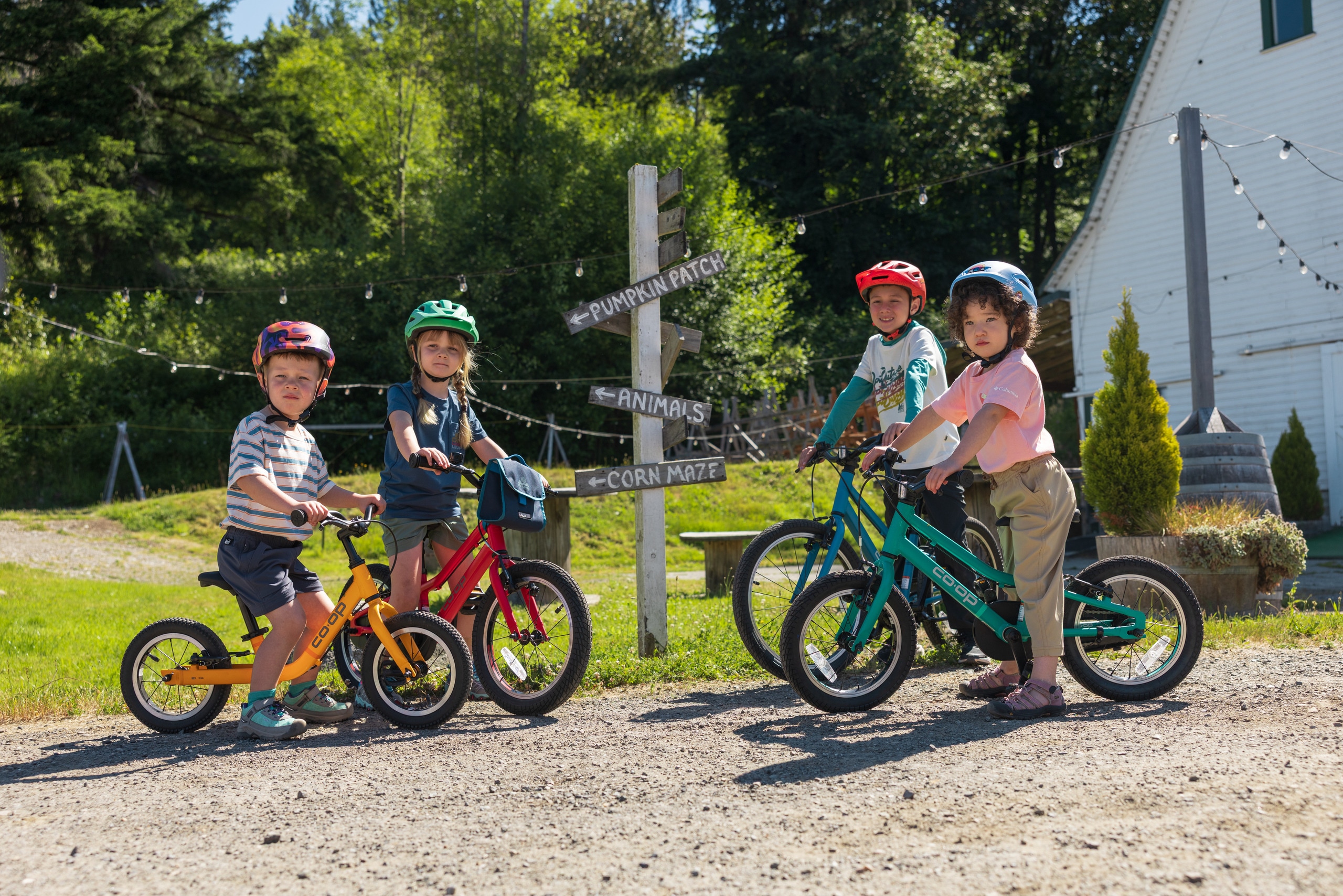 Four young kids on various bicycles stand with them near a sign indicating directions for a pumpkin patch, animals and a corn maze