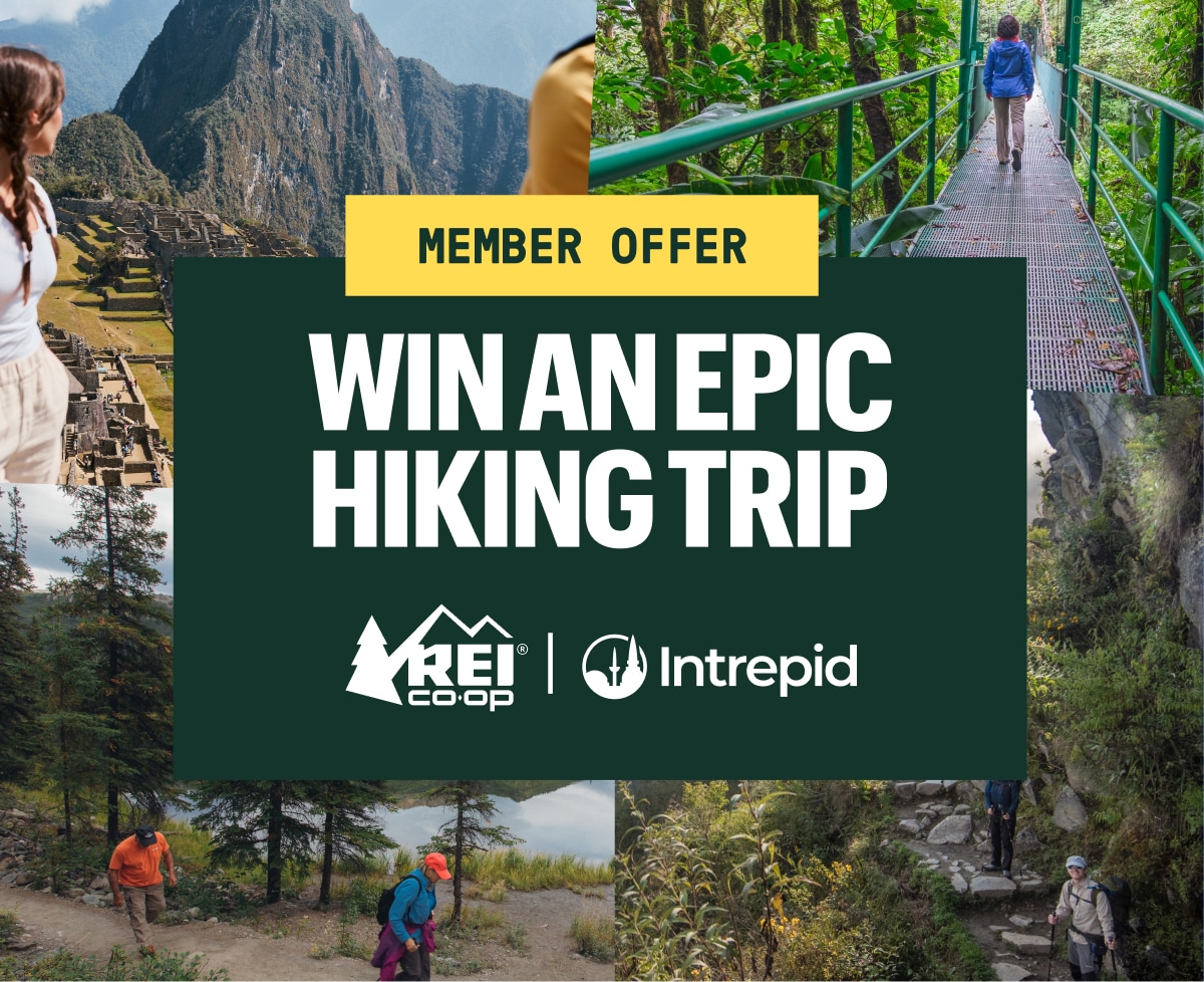 Text reads: ‘Member offer. Win an epic hiking trip. R E I Co-op & Intrepid’ over a collage of photos of people hiking outdoors.