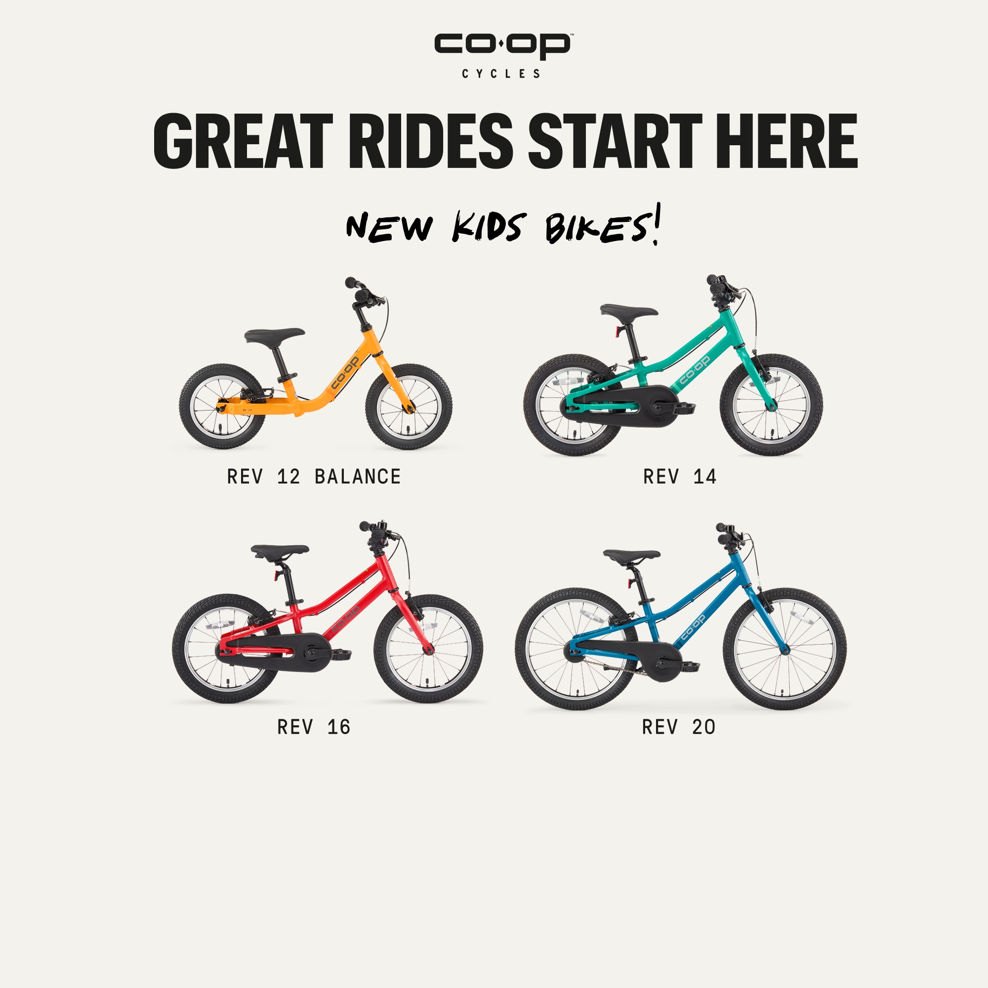 Text reads: ‘Great rides start here. New kids bikes!’ over an image of four Co-op Cycles kids’ bikes on a light colored background.